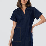 Denim Short Sleeve Mini Dress - Indigo