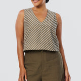 V Neck Topstitched Tank - Dark Olive Stripe