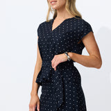 Cap Sleeve Tie Blouse - Navy Polka Dot