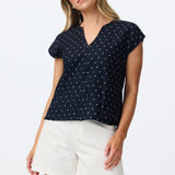 Cap Sleeve Tie Blouse - Navy Polka Dot