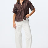 Linen Blend Short Sleeve Shirt - Chocolate Stripe