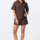 Linen Blend Short Sleeve Shirt - Chocolate Stripe