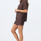 Linen Blend Short Sleeve Shirt - Chocolate Stripe