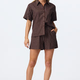 Linen Blend Drawstring Short - Chocolate Stripe