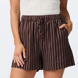 Linen Blend Drawstring Short - Chocolate Stripe