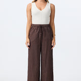 Linen Blend Drawstring Pants - Chocolate Stripe