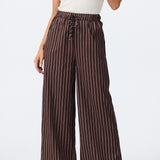 Linen Blend Drawstring Pants - Chocolate Stripe