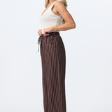 Linen Blend Drawstring Pants - Chocolate Stripe