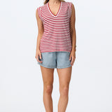 Linen Blend V Neck Cap Sleeve Jersey Tank - Dark Cherry Stripe