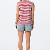 Linen Blend V Neck Cap Sleeve Jersey Tank - Dark Cherry Stripe