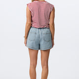 Linen Blend V Neck Cap Sleeve Jersey Tank - Dark Cherry Stripe