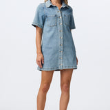 Denim Short Sleeve Mini Dress - Mid Blue Wash