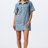 Denim Short Sleeve Mini Dress - Mid Blue Wash