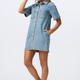 Denim Short Sleeve Mini Dress - Mid Blue Wash