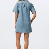 Denim Short Sleeve Mini Dress - Mid Blue Wash