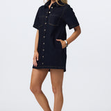 Denim Short Sleeve Mini Dress - Indigo