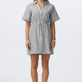 Short Sleeve Drawstring Mini Dress - White/Navy Stripe