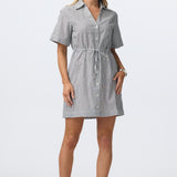 Short Sleeve Drawstring Mini Dress - White/Navy Stripe