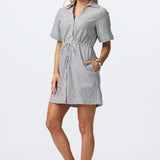 Short Sleeve Drawstring Mini Dress - White/Navy Stripe