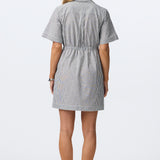 Short Sleeve Drawstring Mini Dress - White/Navy Stripe