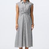 Cap Sleeve Knot Shirt Dress - White/Navy Stripe