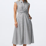 Cap Sleeve Knot Shirt Dress - White/Navy Stripe