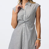 Cap Sleeve Knot Shirt Dress - White/Navy Stripe