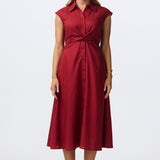 Cap Sleeve Knot Shirt Dress - Dark Cherry