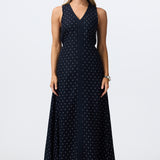 V Neck Tie Maxi Dress - Navy Polka Dot