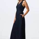 V Neck Tie Maxi Dress - Navy Polka Dot