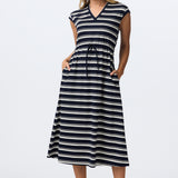 Cap Sleeve Drawstring Jersey Dress - Navy/White Stripe