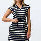 Cap Sleeve Drawstring Jersey Dress - Navy/White Stripe