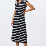 Cap Sleeve Drawstring Jersey Dress - Navy/White Stripe
