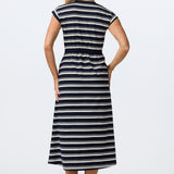 Cap Sleeve Drawstring Jersey Dress - Navy/White Stripe