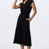 Cap Sleeve Drawstring Jersey Dress - Black