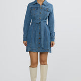 Denim Long Sleeve Mini Dress - Mid Blue Wash