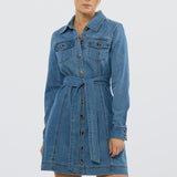 Denim Long Sleeve Mini Dress - Mid Blue Wash