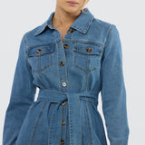 Denim Long Sleeve Mini Dress - Mid Blue Wash