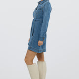 Denim Long Sleeve Mini Dress - Mid Blue Wash