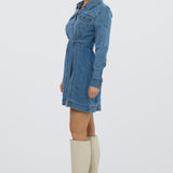 Denim Long Sleeve Mini Dress - Mid Blue Wash