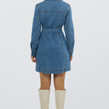 Denim Long Sleeve Mini Dress - Mid Blue Wash