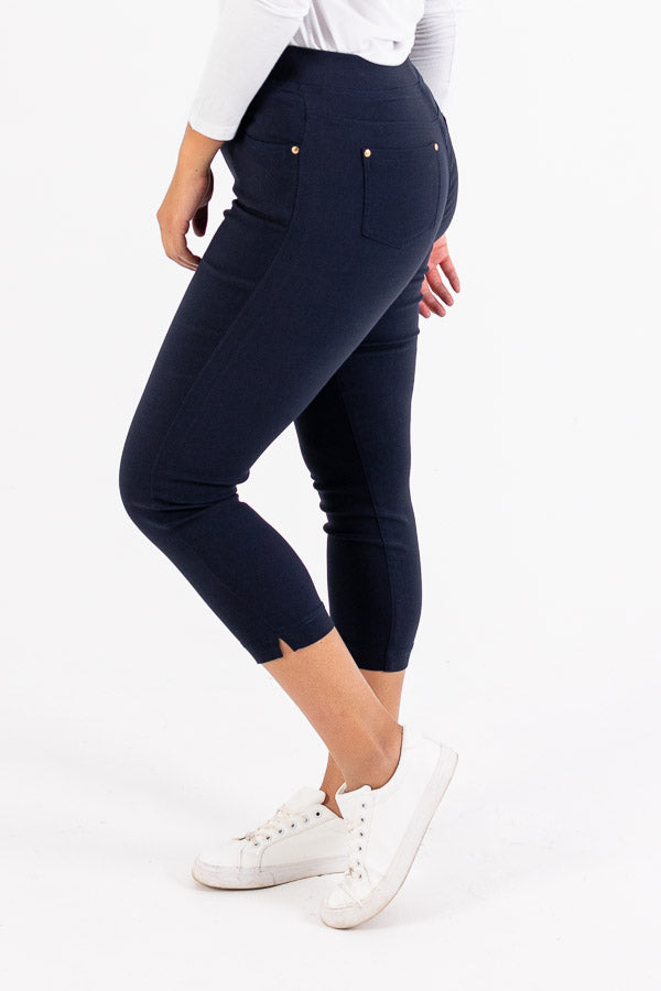 3/4 Side Split Woven Jeans- Navy